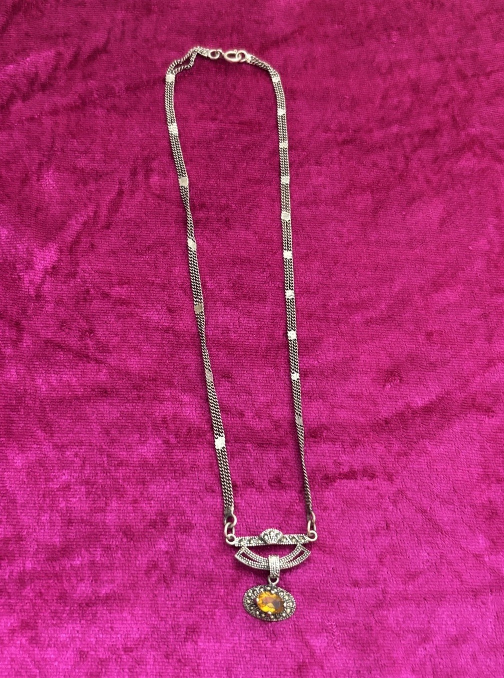 Sterling Silver Marcasite and Yellow Stone Pendant Necklace 7.5” in.