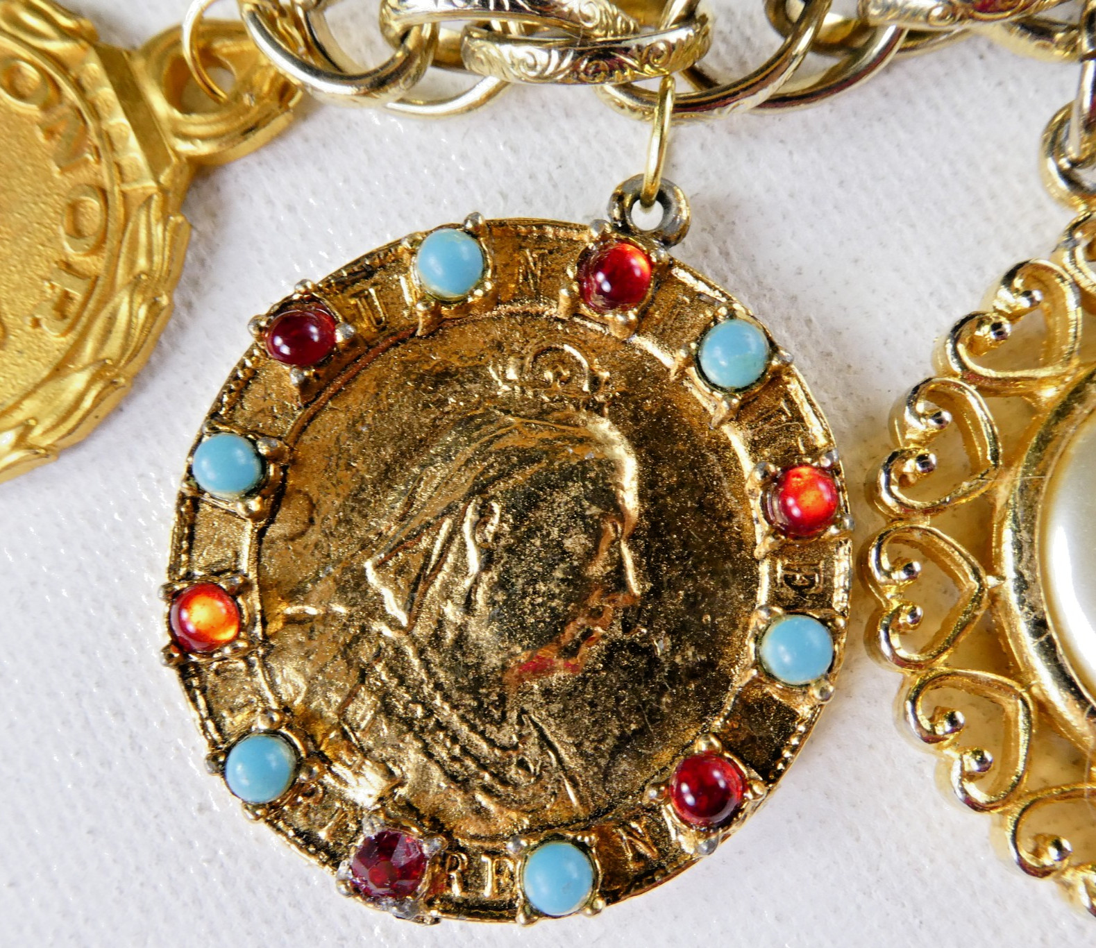Vintage Heavy Charm Bracelet All Round Charms Gold Plated Engravable Good Luck