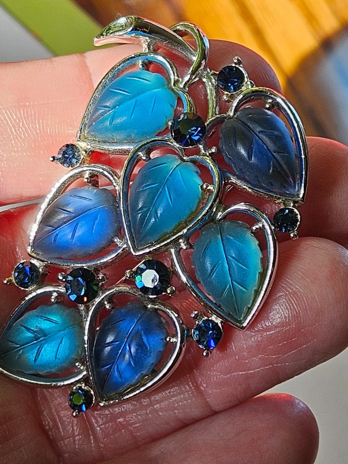 Vintage MCM Lisner Blue Leaf Lucite Rhinestone Brooch Pin Gift for Her STUNNING!