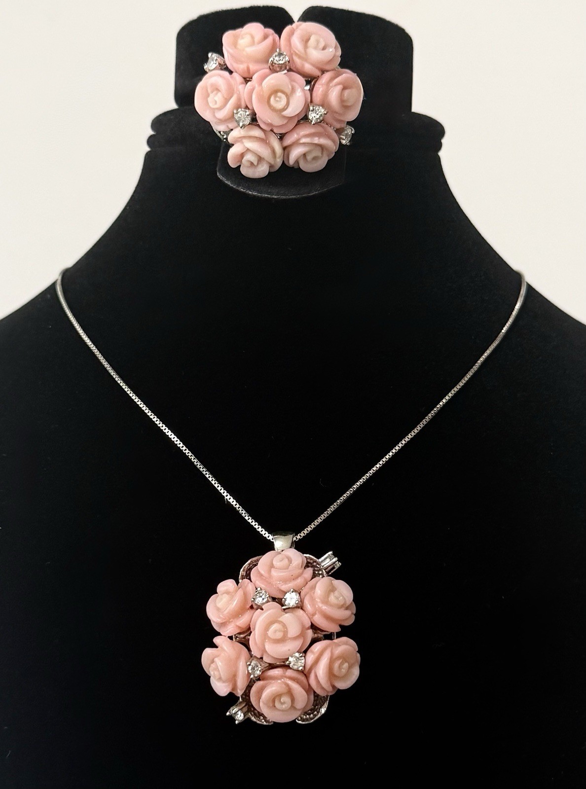 1990s Sterling Silver Angel Skin Coral Roses White Topaz Necklace Ring Sz 9 Set