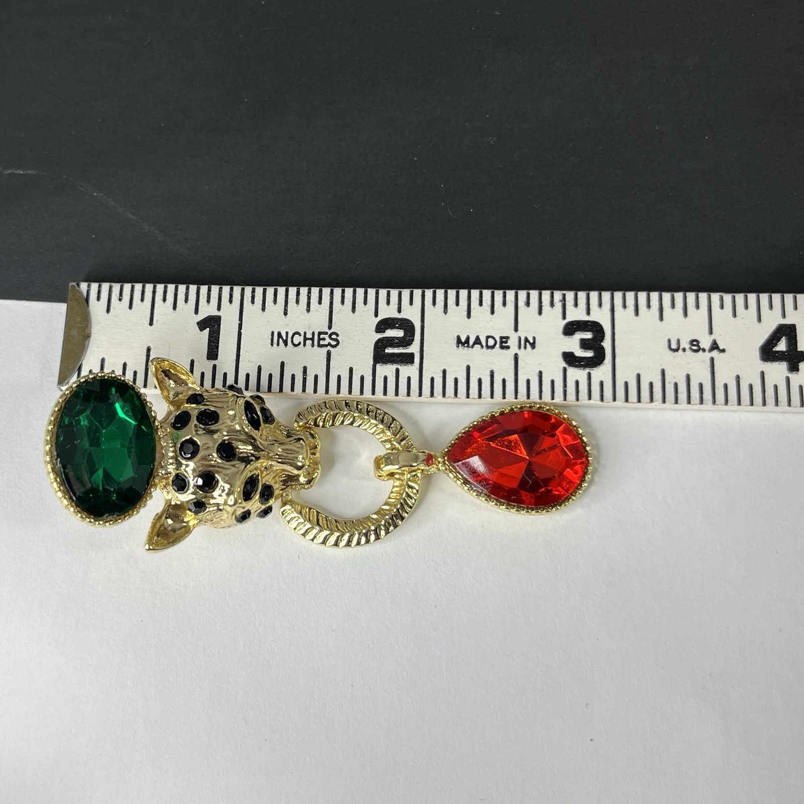 Gold Tone Lion Door Knocker Earrings Pierced Jaguar Cat Red Green Statement Drop