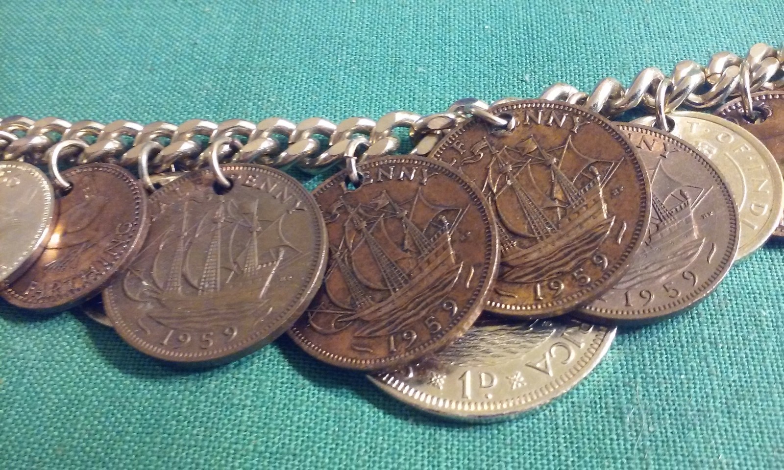 Vintage 15 RARE 1950’s Coin Charm Bracelet South Africa, India, Osterreich 8″