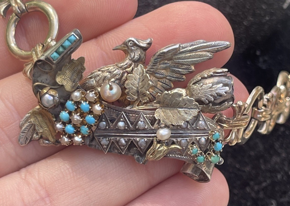 Antique Victorian Sterling Silver Vermeil Bird Turquoise Necklace