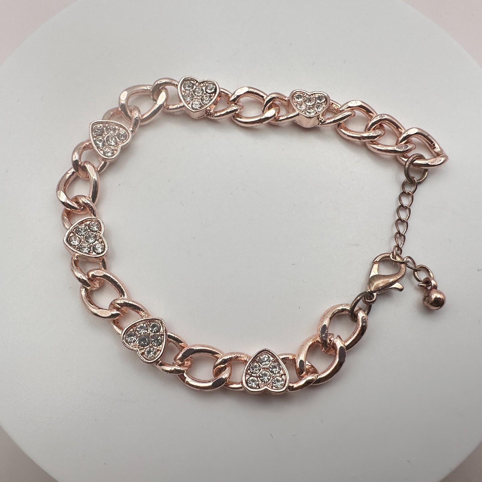 Vintage 90s Gold Tone Heart Link Bracelet Clear Glass Accents Romantic Jewelry