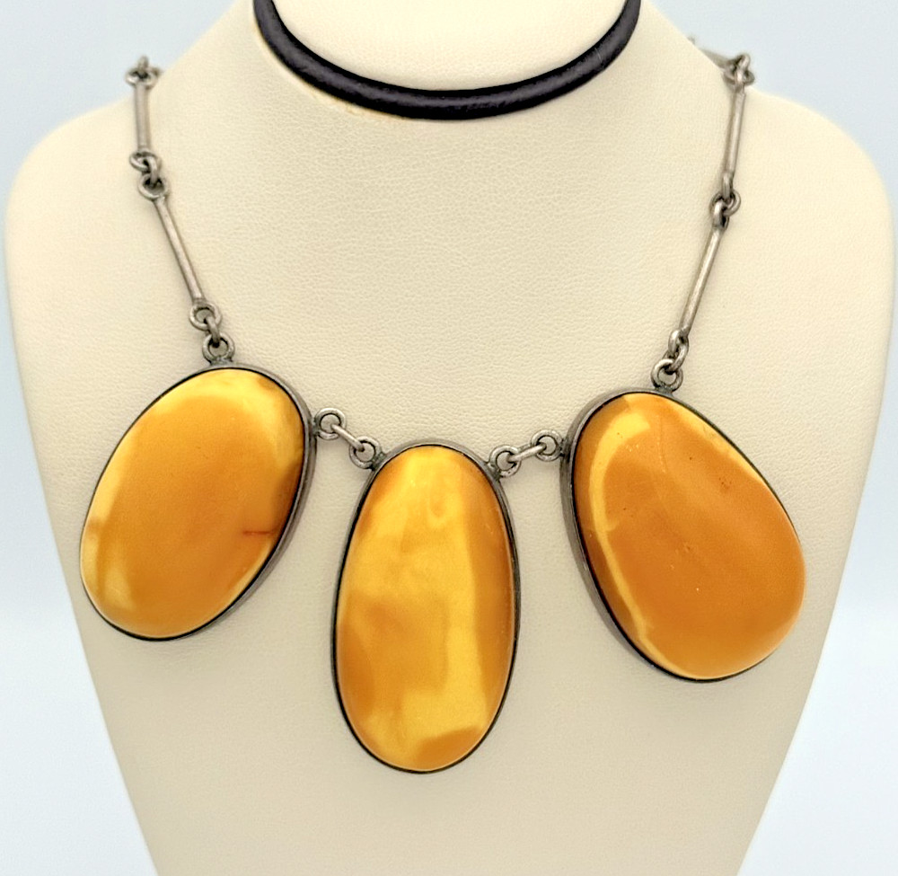 Vintage 925 Sterling Silver Large Butterscotch Amber Statement 3 Stone Necklace