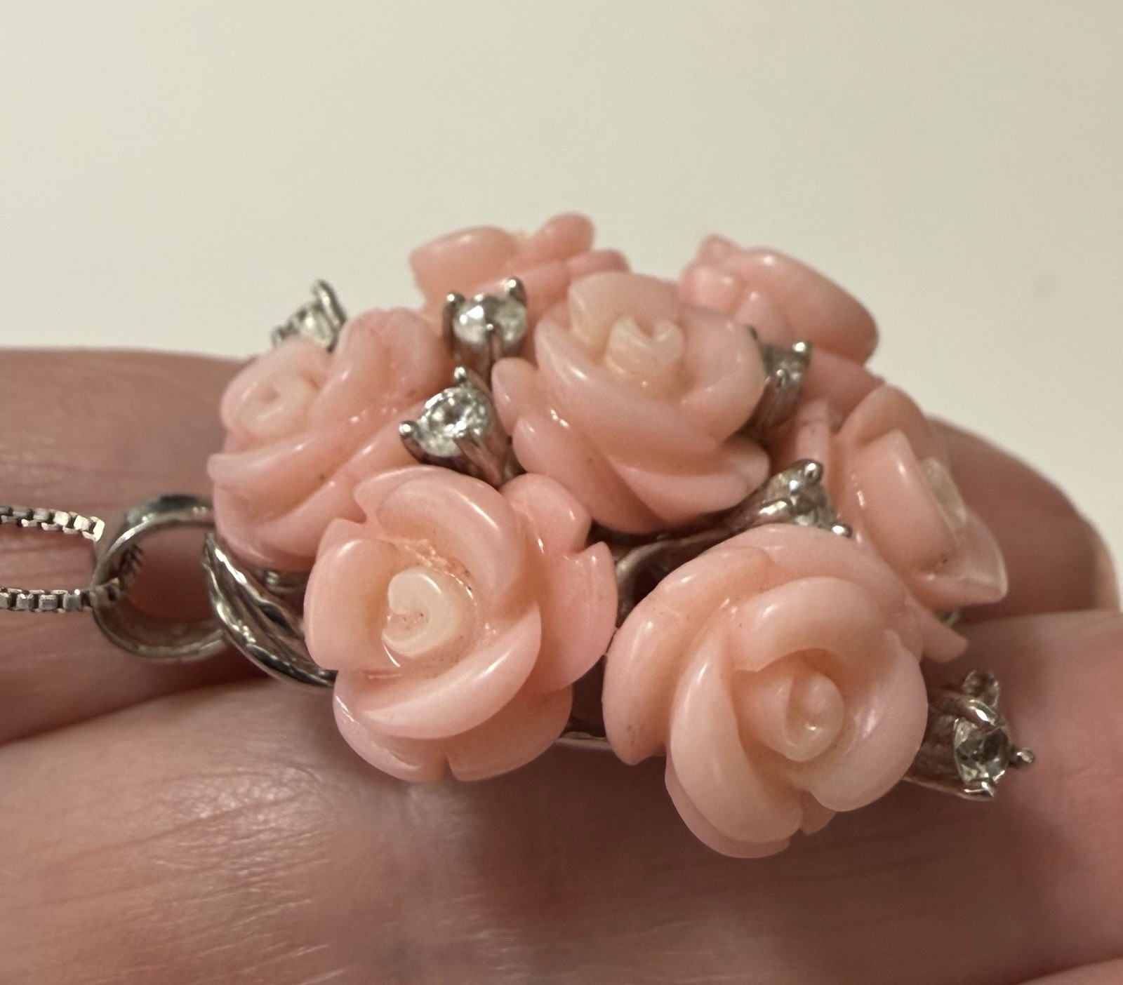 1990s Sterling Silver Angel Skin Coral Roses White Topaz Necklace Ring Sz 9 Set
