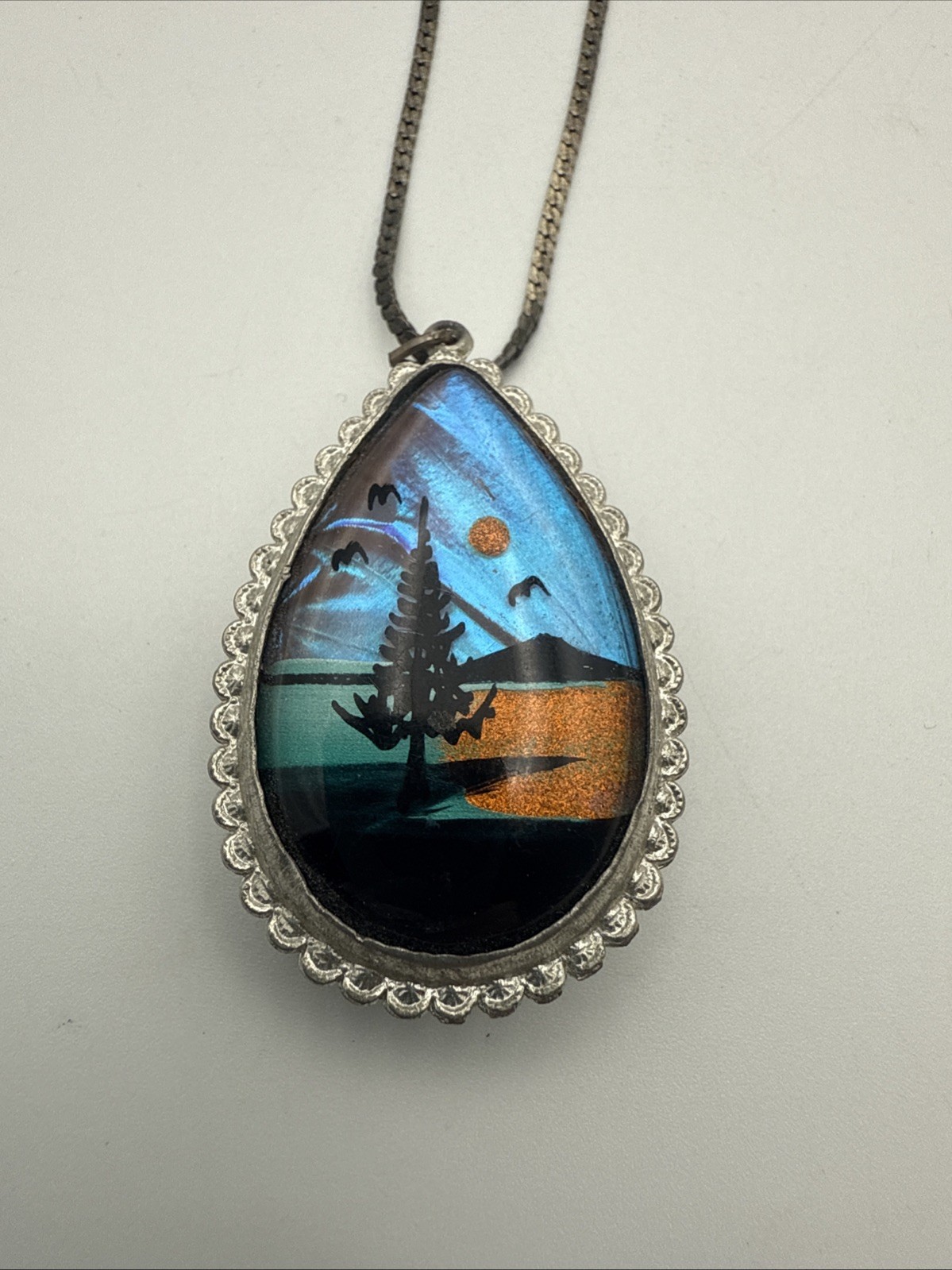 Vintage Butterfly Wing Double Sided Beach/Lake Scene Pendant Chain