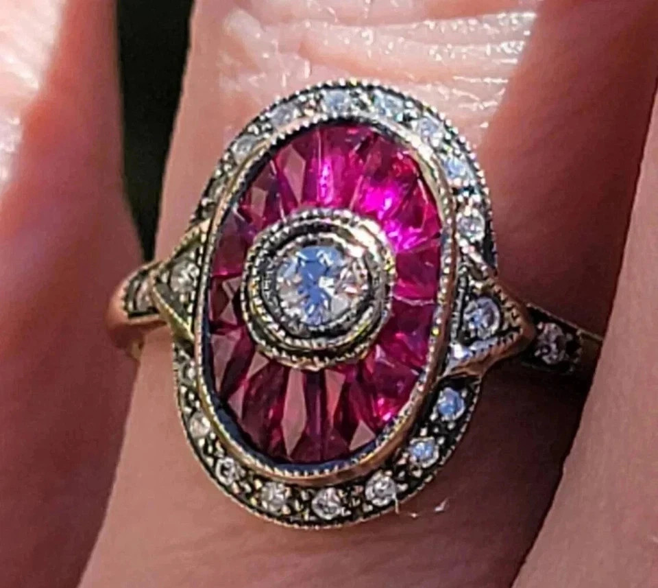 Art Deco Style Lab Created Diamond & Ruby Anniversary 14K White Gold Finish Ring