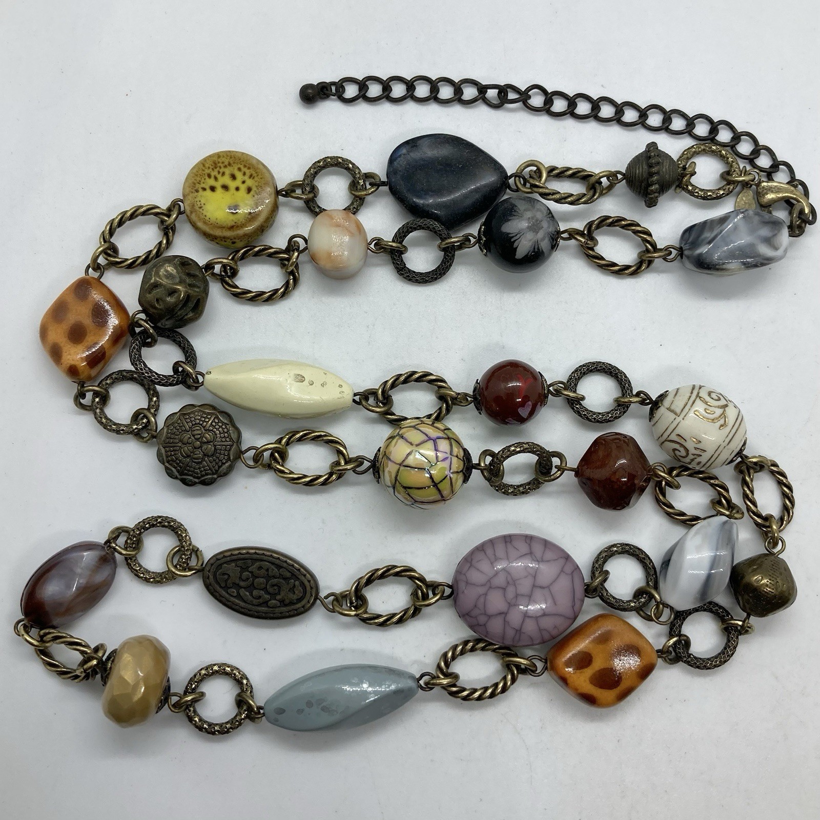 Vtg Boho Statement Bead Brass Chain Link Statement Necklace 34” Signed