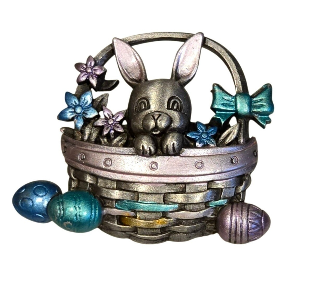 Vintage JJ Bunny Easter Basket Brooch Jonette Jewelry Rabbit Spring Holiday Eggs