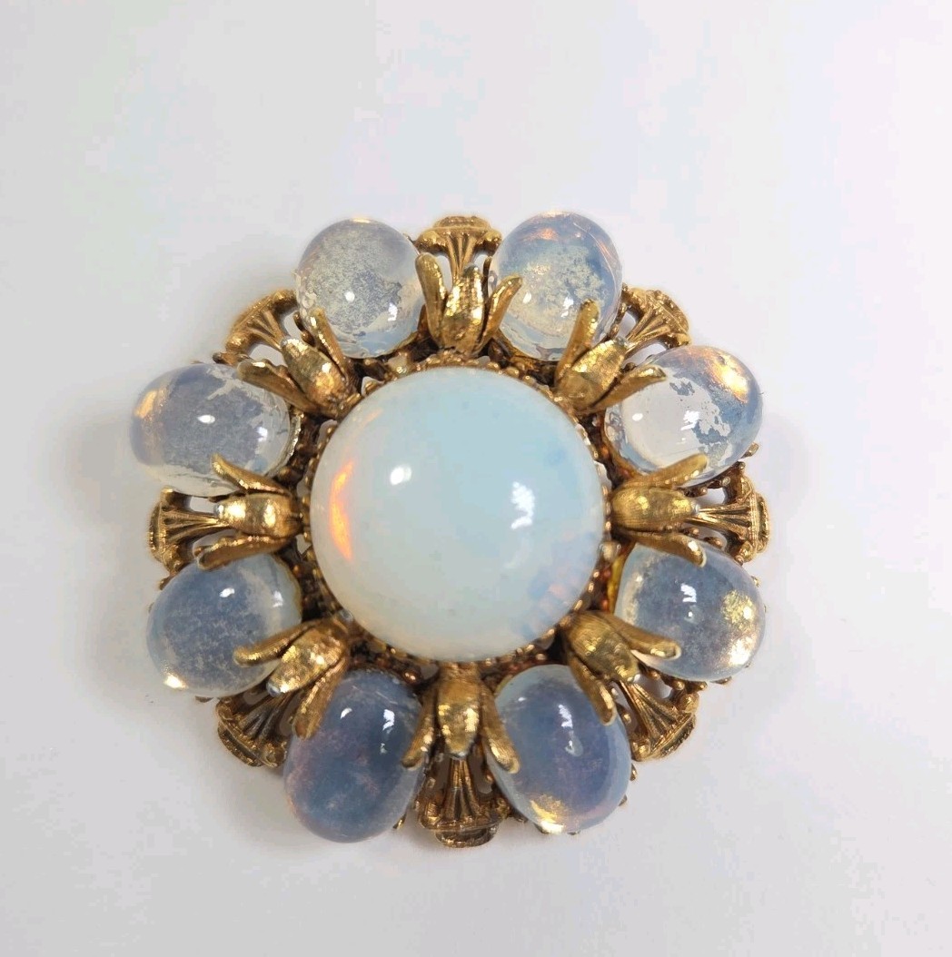Vintage Signed Florenza Opaline Glass Ornate Gold Tone Pin Brooch