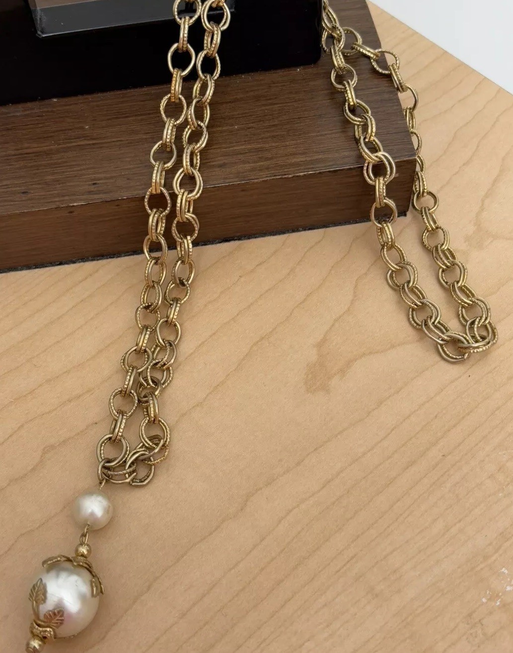 Faux Pearl Necklace / Gold Tone Chain/ Measures 25 In Total Length