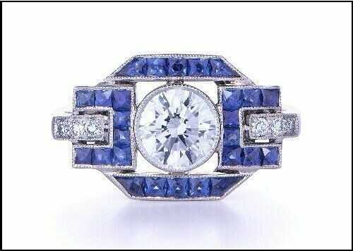Art Deco Style Lab Created Diamond & Sapphire 14K White Gold FN Engagement Ring
