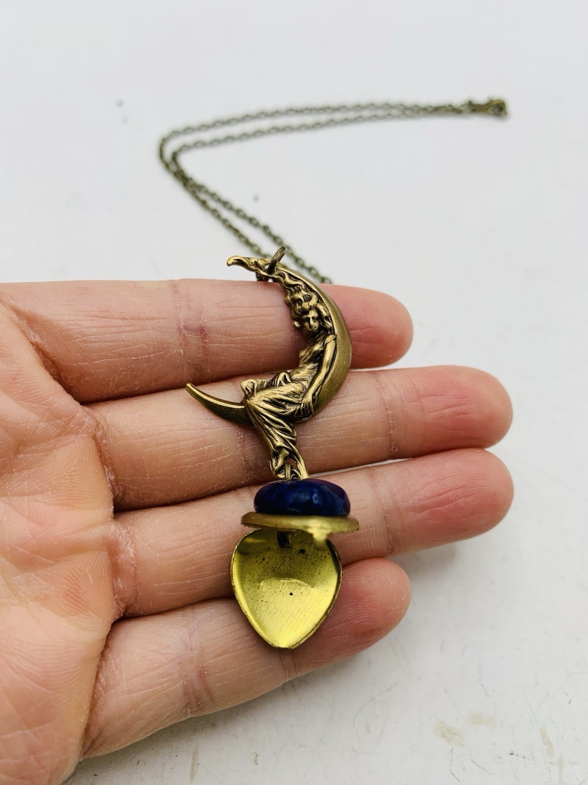 Vintage Style Goddess Crescent Moon Blue Lapis Lazuli Mini Heart Locket Necklace