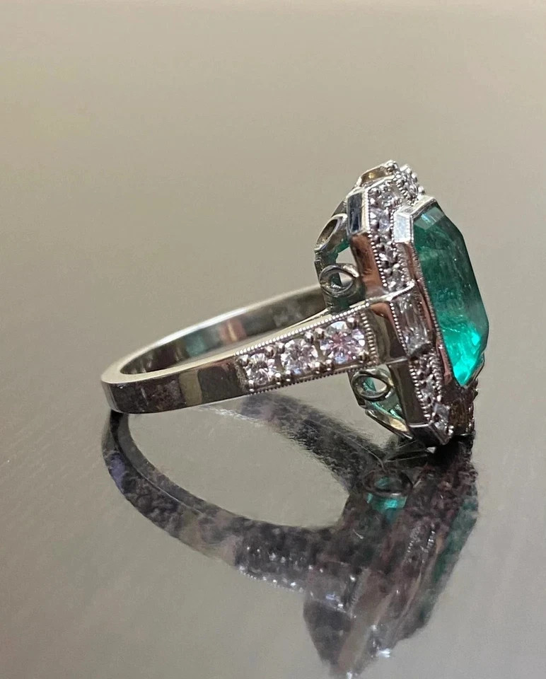 Vintage Art Deco Colombian Emerald Lab Diamond Engagement 14K White Gold FN Ring