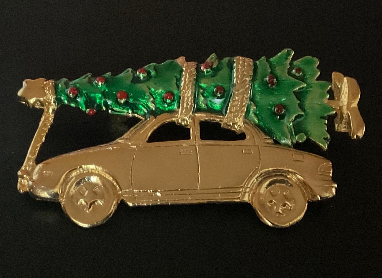 AJC Christmas Brooch Bringing Home the Tree with Car Gold Tone and Enamel