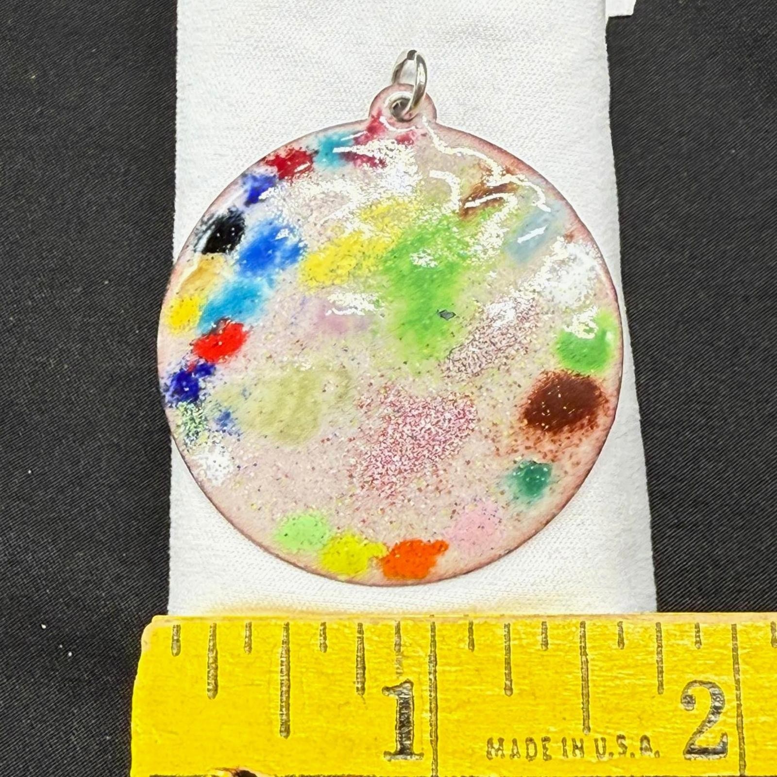 Vintage Enamel on Copper Multi Color Abstract Art Round Pendant Signed 1.75″