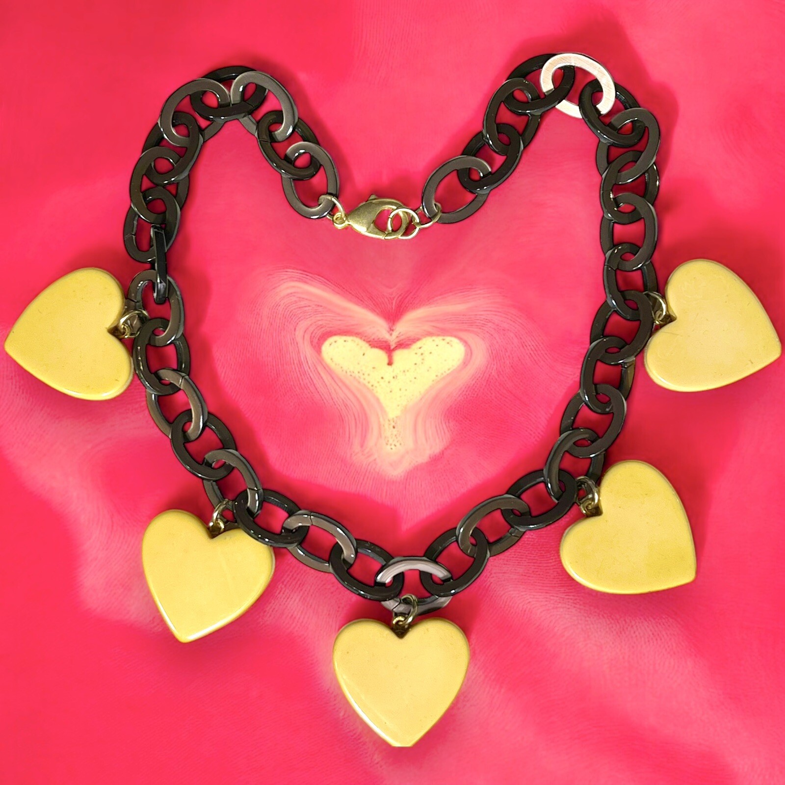 Bakelite Necklace, Cream Corn Hearts on Brown Acetate Acrylic Chain, 💝
