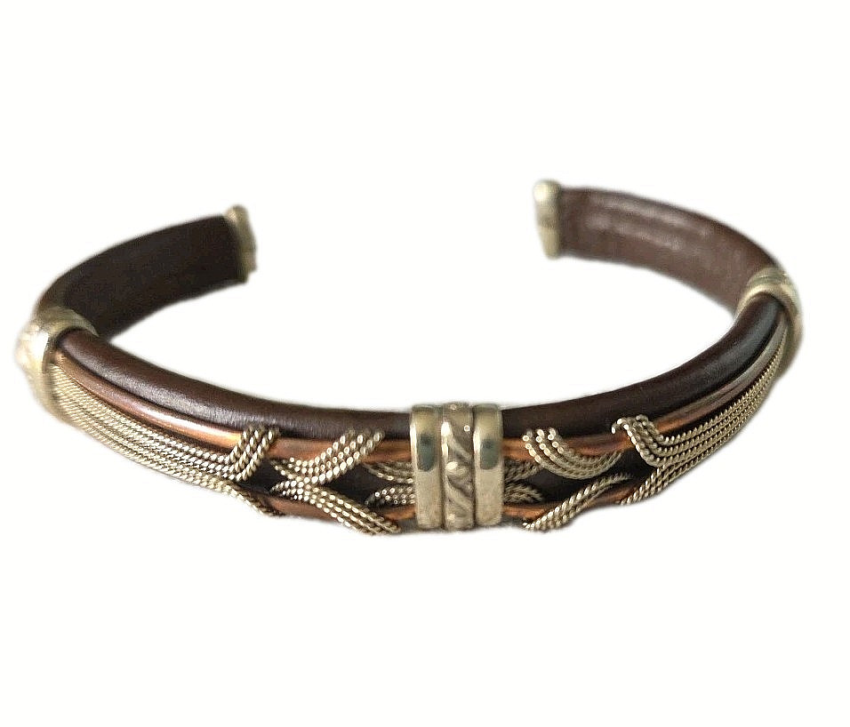 Vintage Brown Leather Cuff Boho Bracelet Copper Brass Base Southwestern Styl 7.5