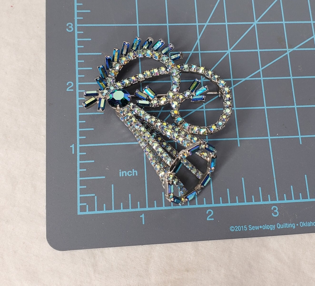 Vintage Hobe Brooch Peacock Blue AB Stones Baguettes Silver Tone 3D Signed