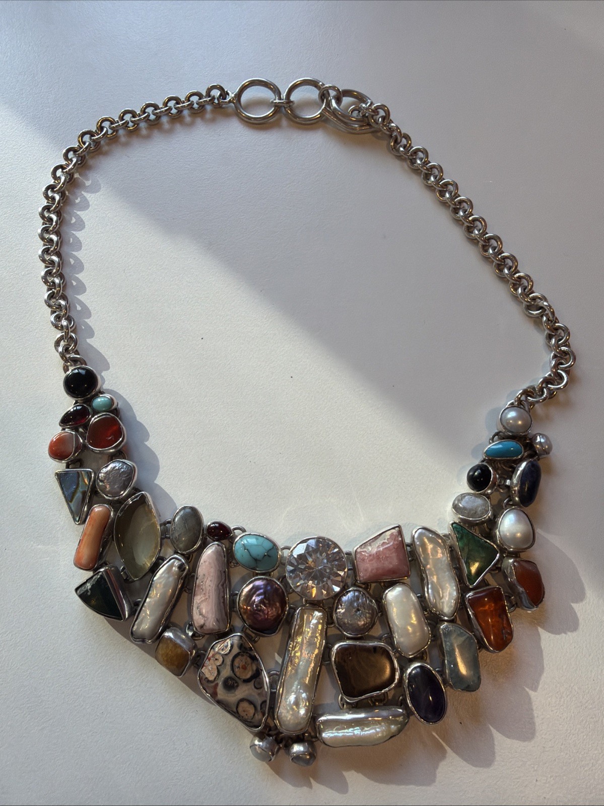 Mexico 950 Silver Multi Stone Necklace Daria Signed Statement Bib