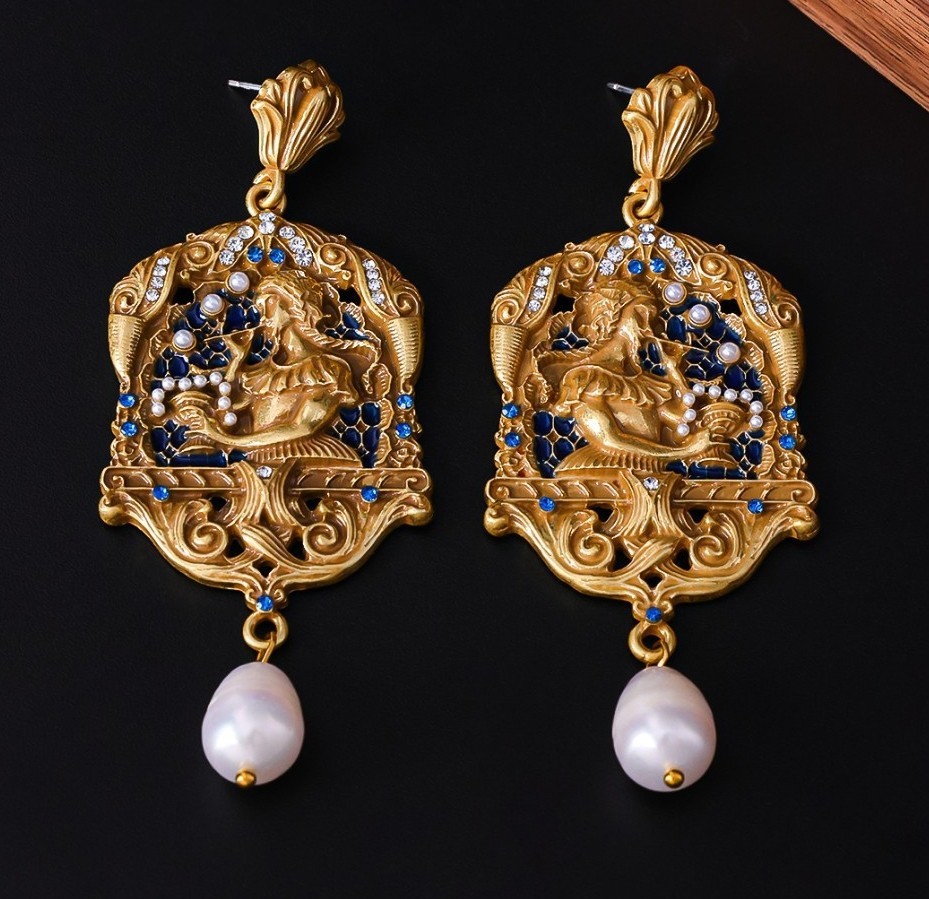 Vintage French Oil Painting Pearl Dangle Drop Earrings Court Gold Statement Gift