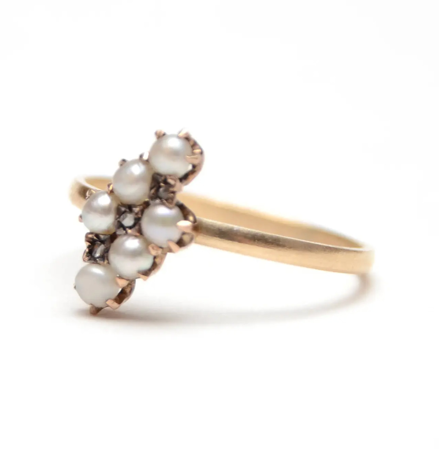 10k Victorian Rose Cut Diamond and Pearl Ring