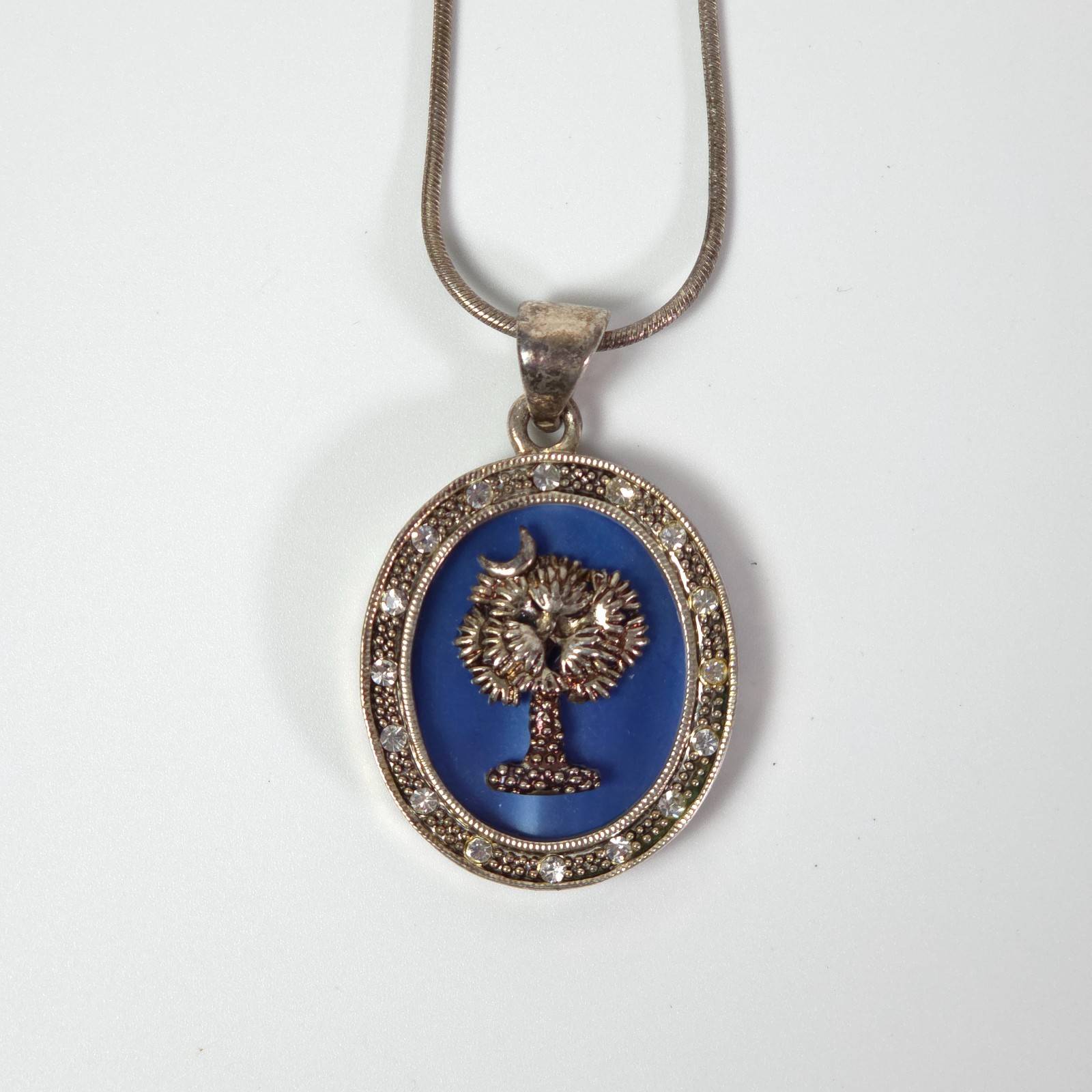 VINTAGE Blue Palm Tree Crescent Moon Pendant Necklace, Estate Jewelry, READ