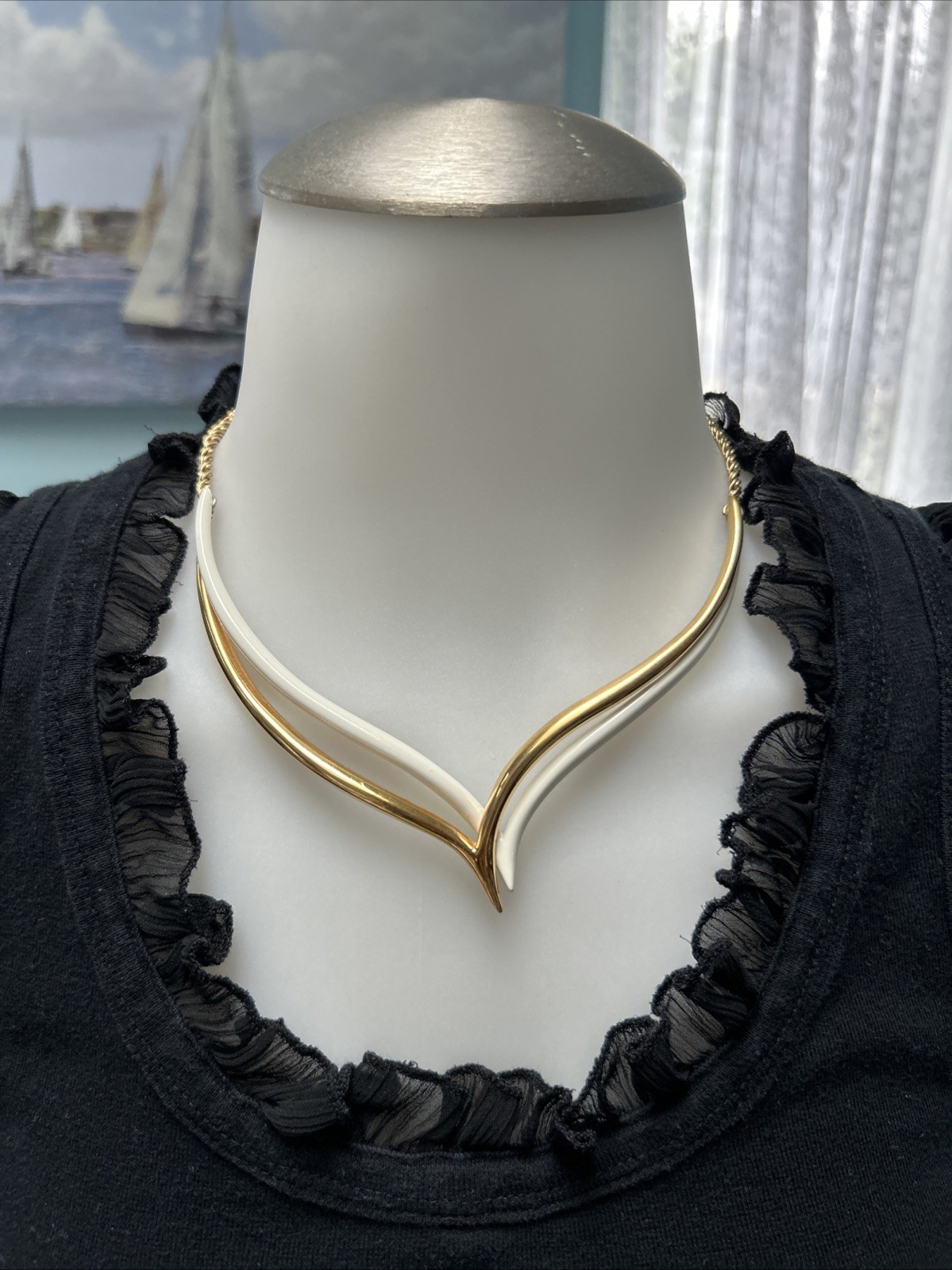 Vintage Monet Double V Neck Swirl Choker Necklace Two Tone Gold Off White Signed