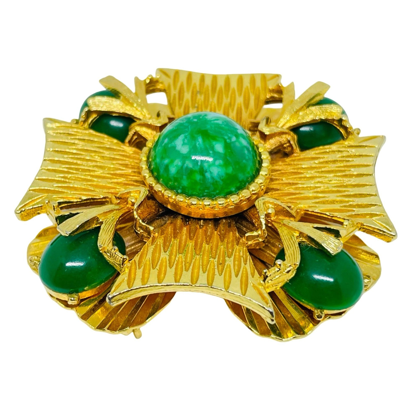 MANDI signed vintage gold tone green jade glass Maltese cross designer brooch