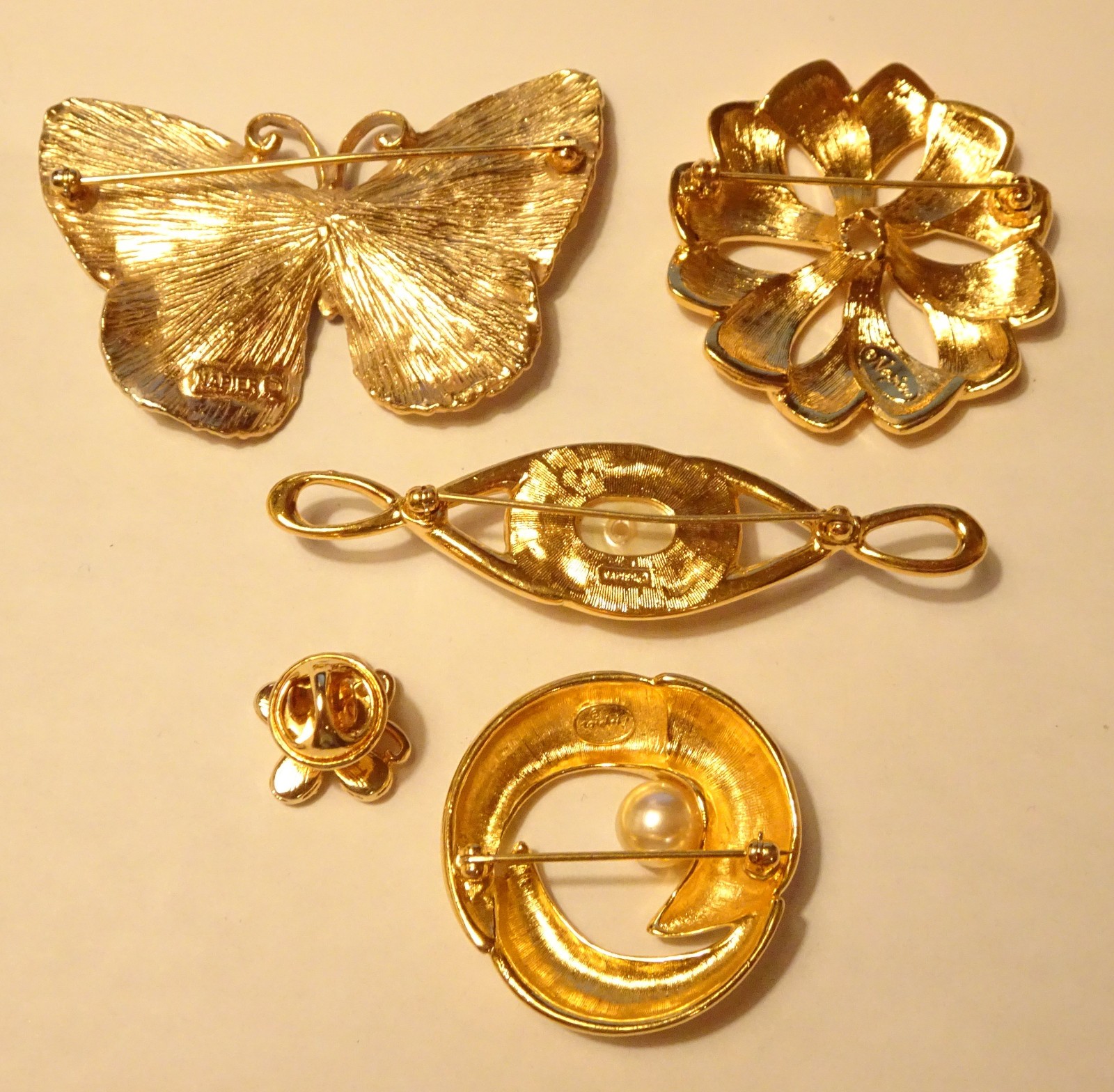 Signed Napier Brooches Pins Lot of 5 Gold Tone & White Vintage