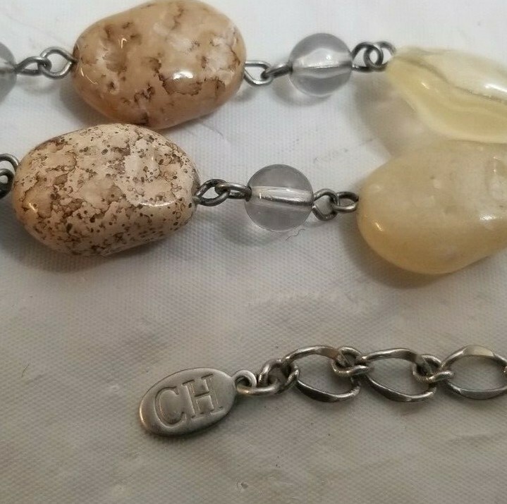 Vintage CH Silvertone & Polished Rock Necklace, Bracelet, & Earring Set NICE