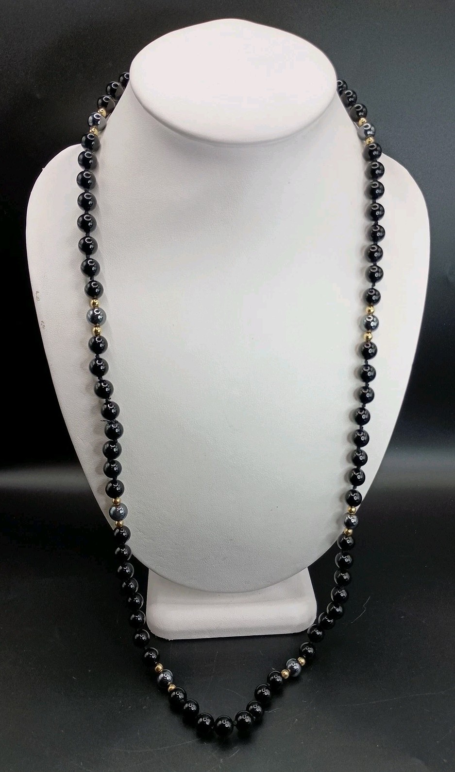 Black Onyx & Hematite Beaded Necklace Polished Gemstone 30″ Gold Tone Accents