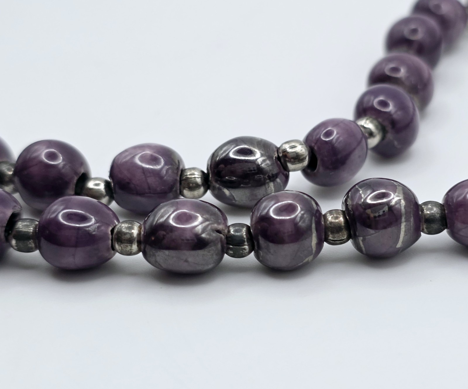 Vintage Sterling Silver Purple Ceramic Beaded Necklace 30″ Long Metallic