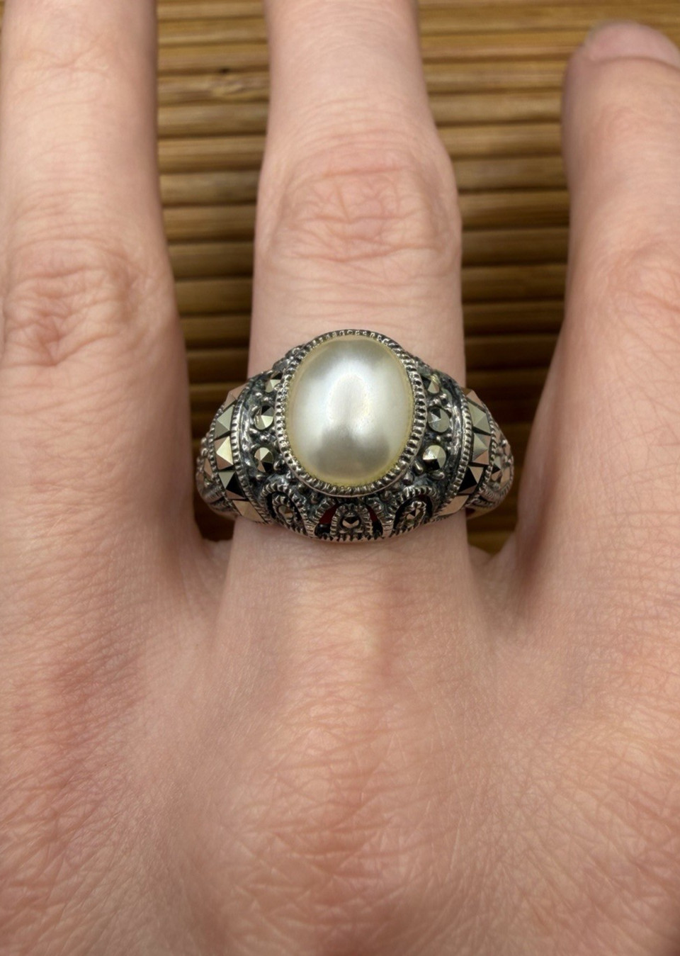 Vintage Judith Jack Sterling Silver Marcasite and Faux Pearl Ring