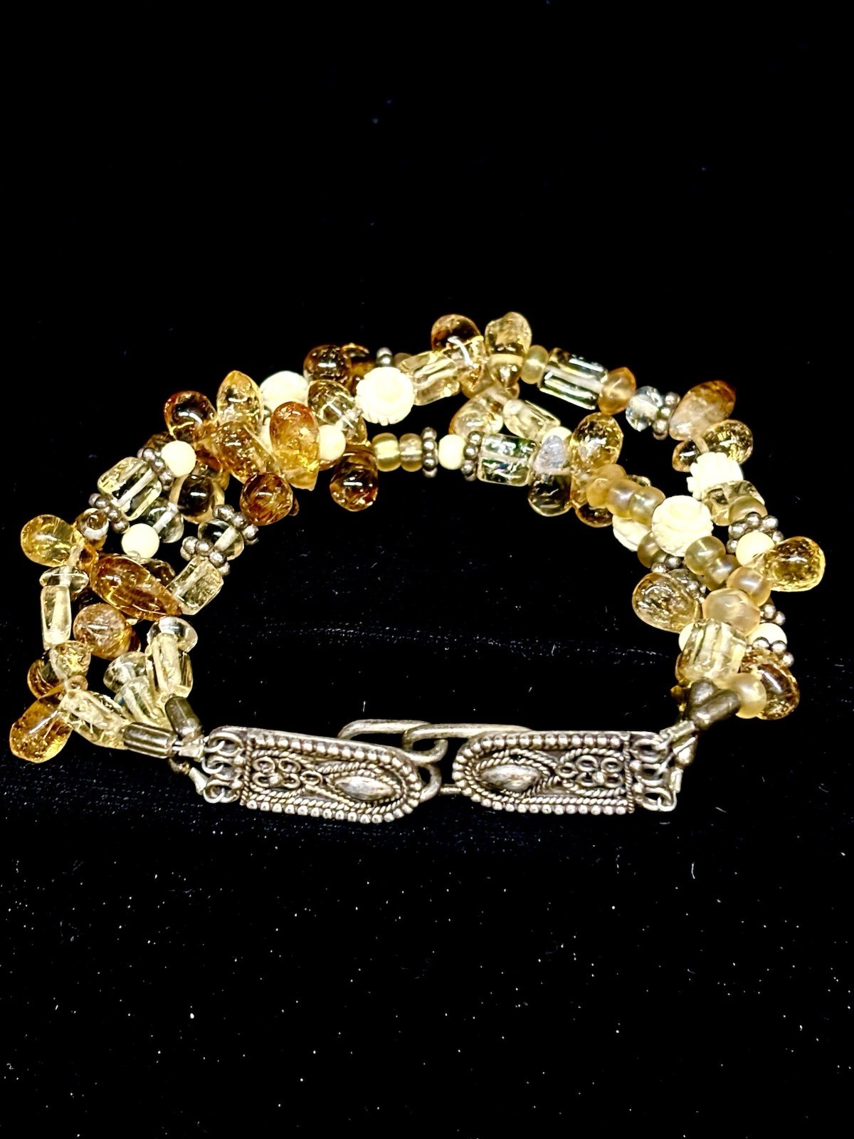 Vintage Citrine 925 SS Spacers & Filigree Clasp Carved Rose Cluster Bracelet 6.5