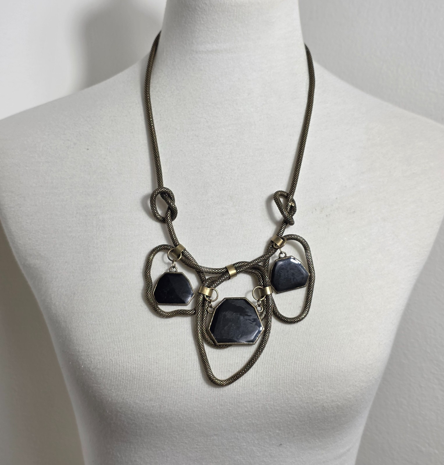 Brass-Tone Statement Necklace Thick Mesh Chain Geometric Rein Black Pendants