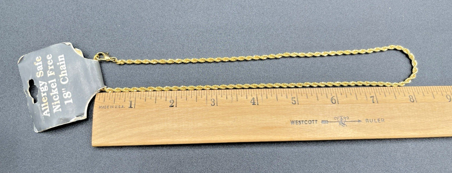 Vintage Gold Plated Rope Chain Necklace 18″ NOS Nickel Free Allergy Safe