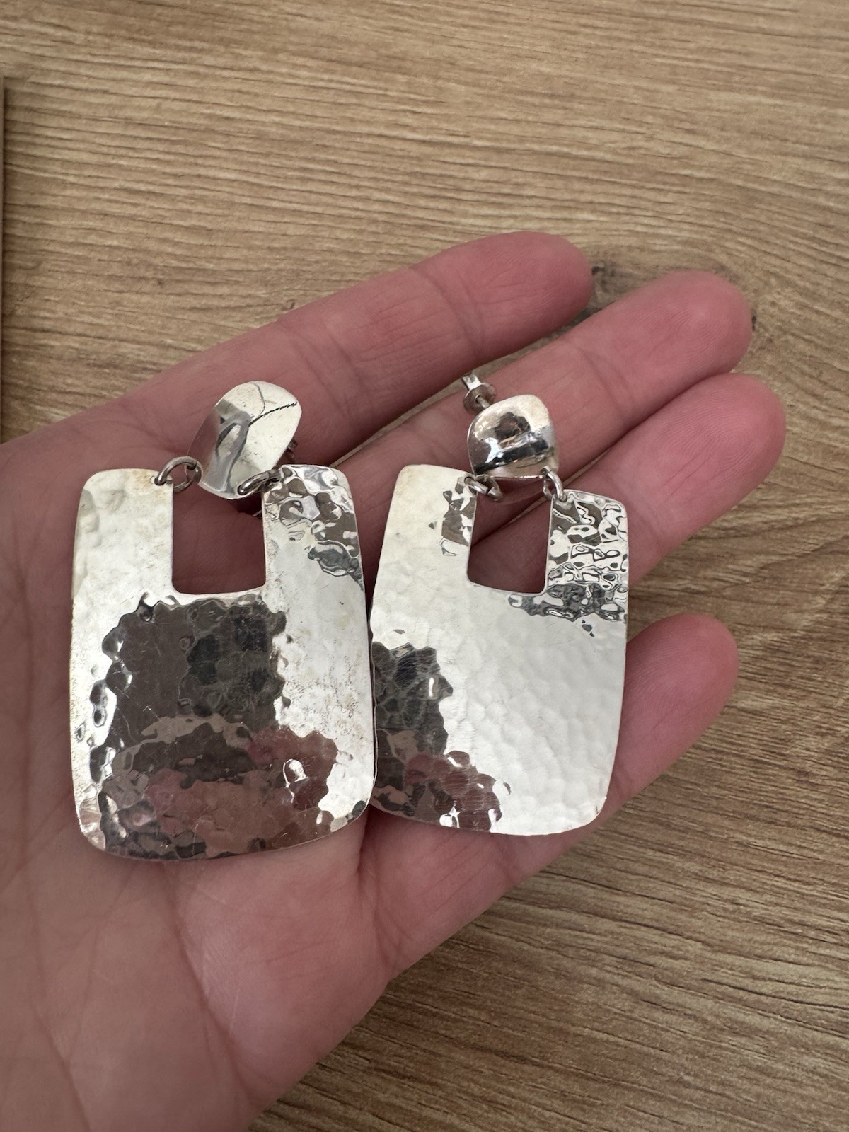 Vintage 925 Sterling Silver Hammered Rectangle Dangle Drop Earrings Signed