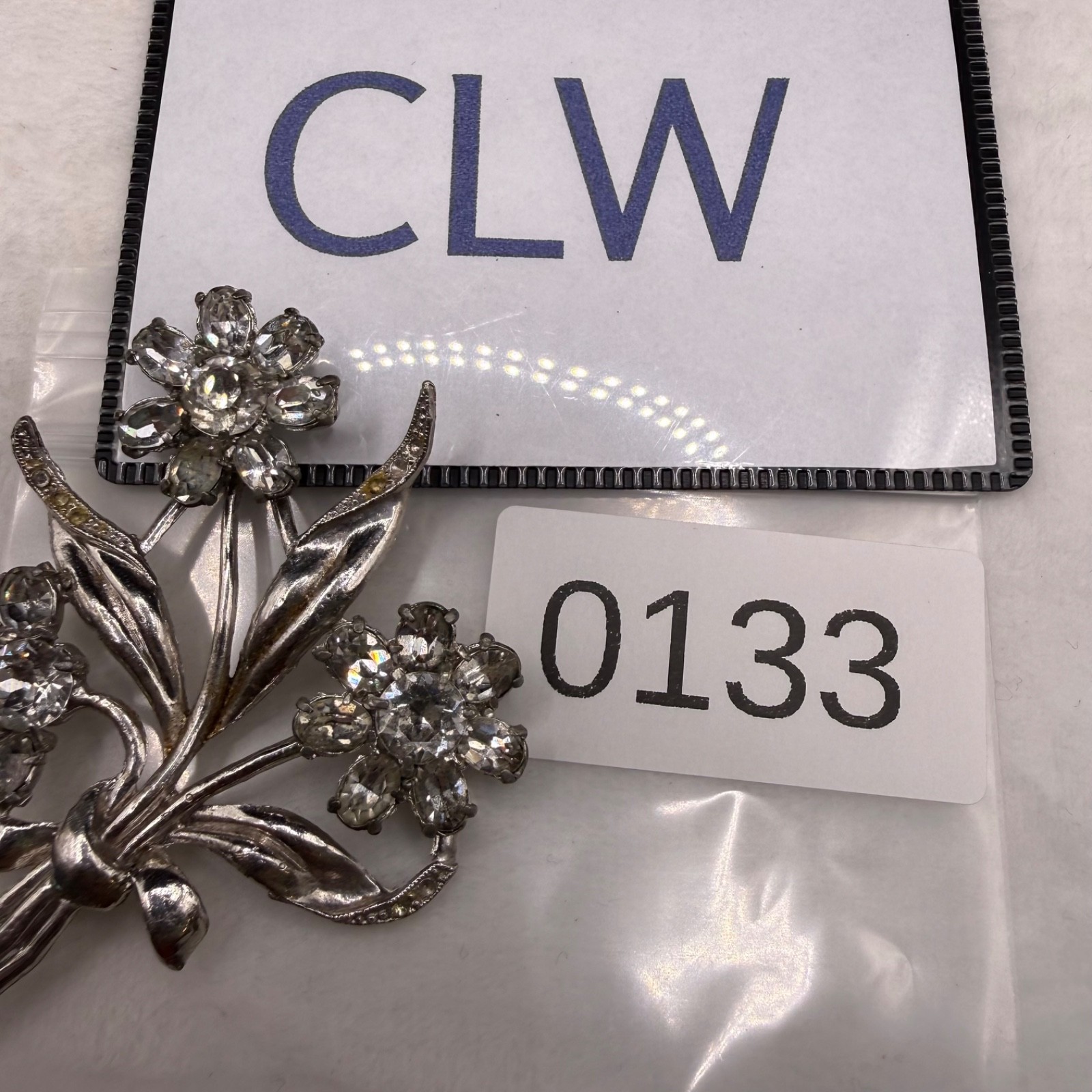Vintage Rhinestone Flower Brooch Pot Metal Silver Tone READ