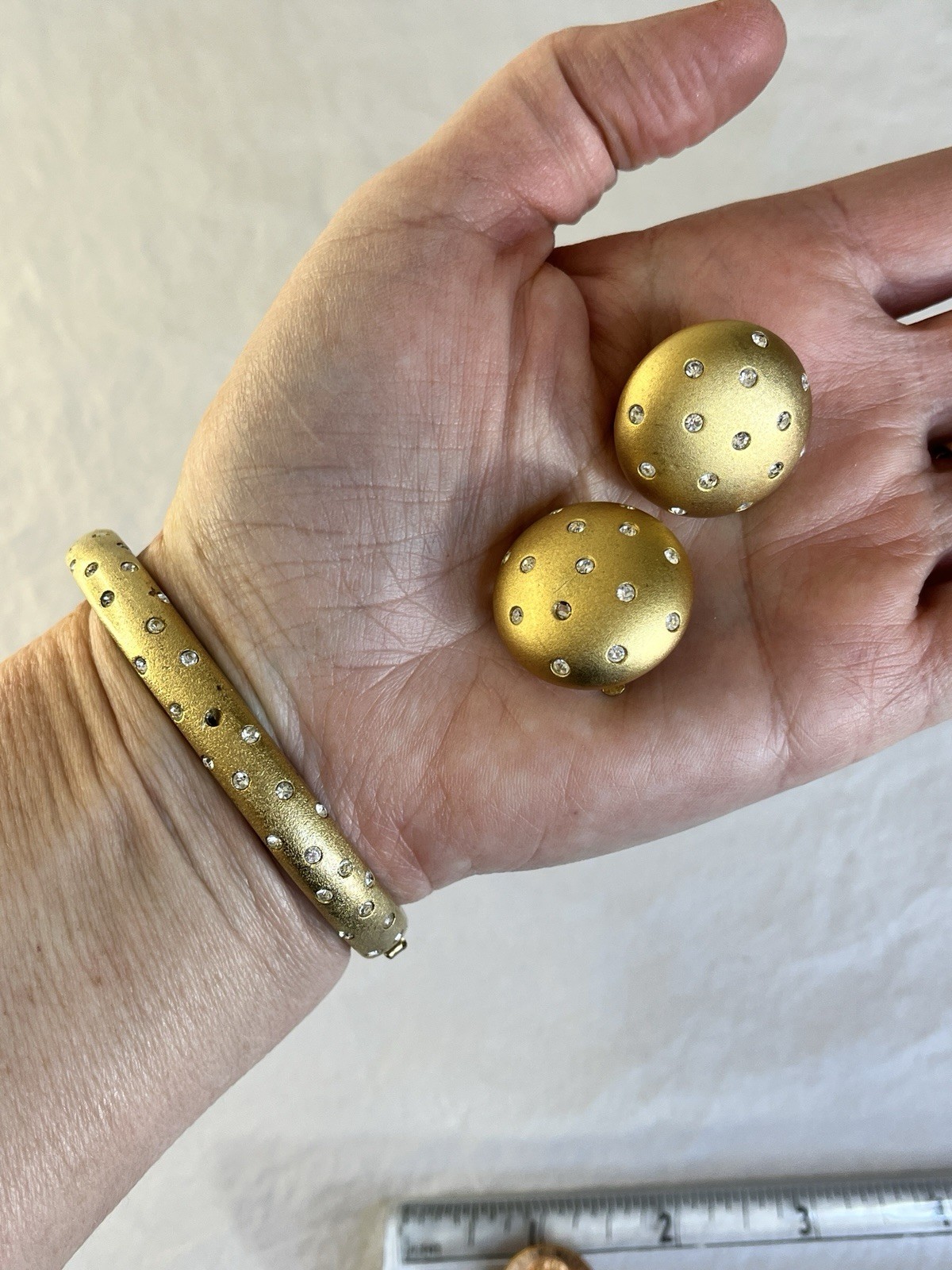 Vintage Swarovski Set Bracelet and Clip Earrings Matte Gold Tone Polka Dots