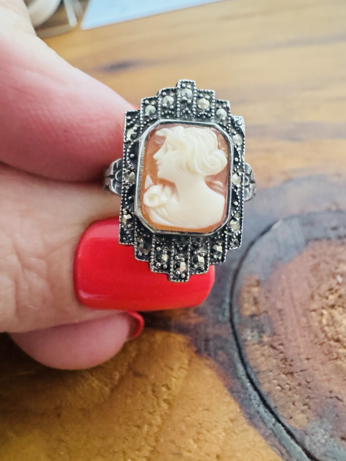 Vintage Carved Shell Cameo Marcasite cocktail band Ring size 4