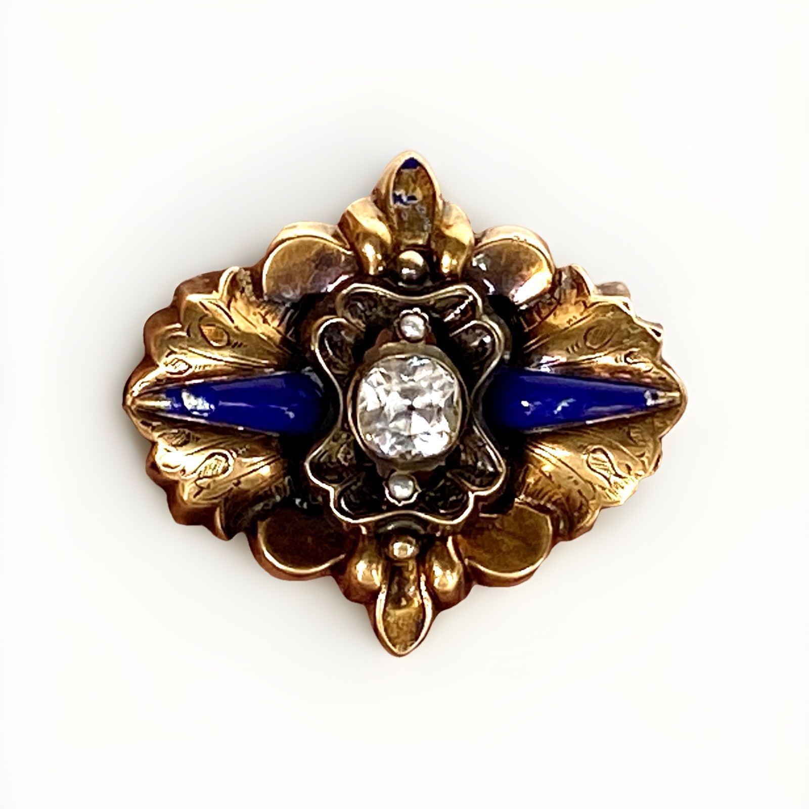 Antique 10K Yellow Gold Blue Enamel, Seed Pearls, Paste Diamond 7.3 grams 1-5/8″