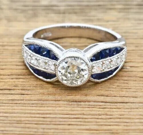 Art Deco Style Lab Created Diamond & Sapphire Engagement Ring 14K White Gold FN
