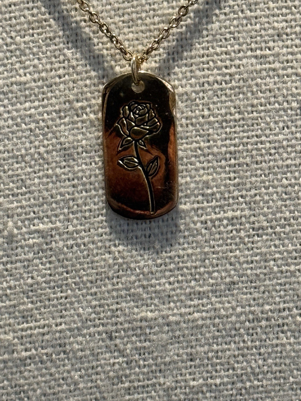 Vintage Sterling Forever Rose Pendant Necklace Gold Tone Dog Tag 18″ Adjustable