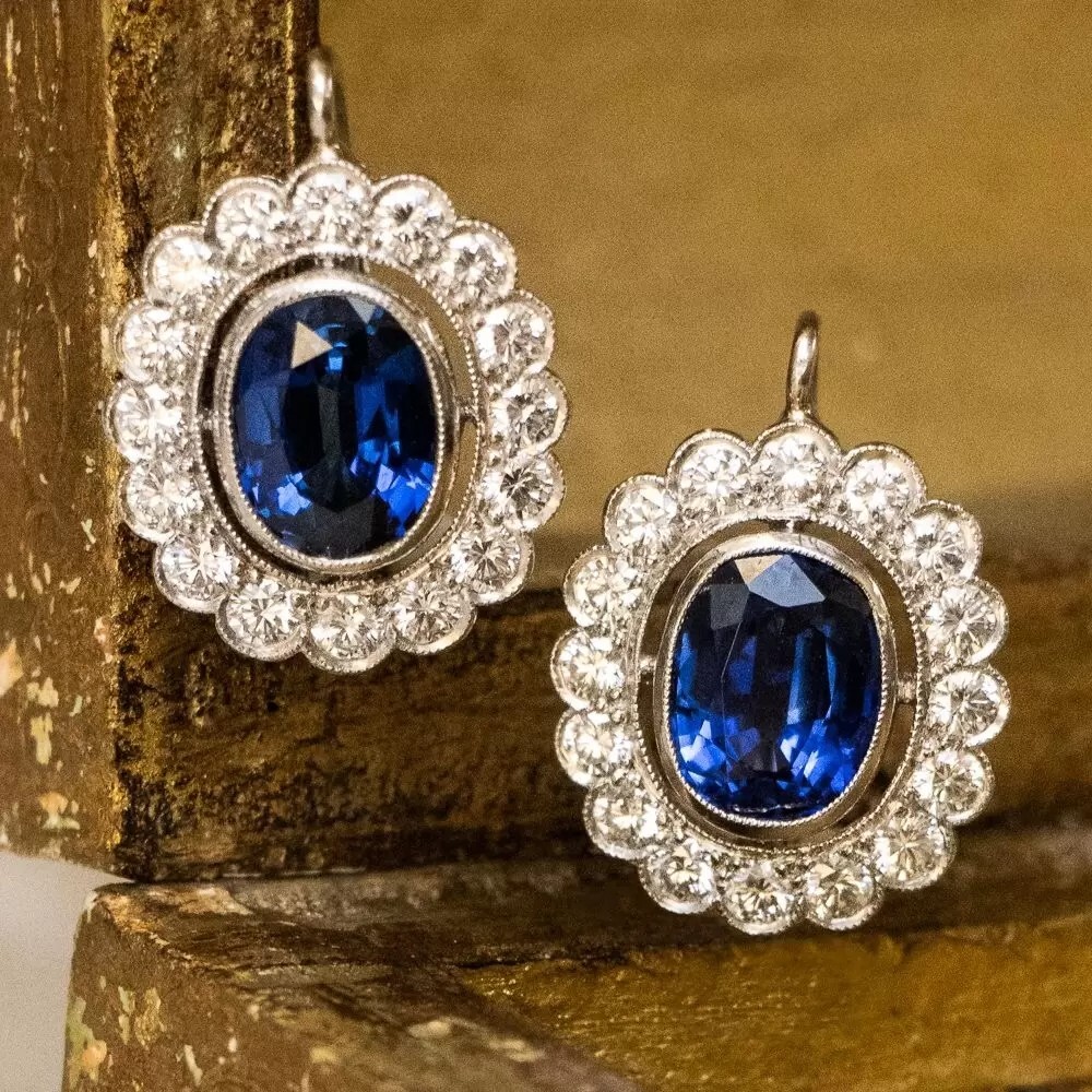 Art Deco Oval Cut Sapphire & Lab Created Diamond 925 Silver Engagement Earrings