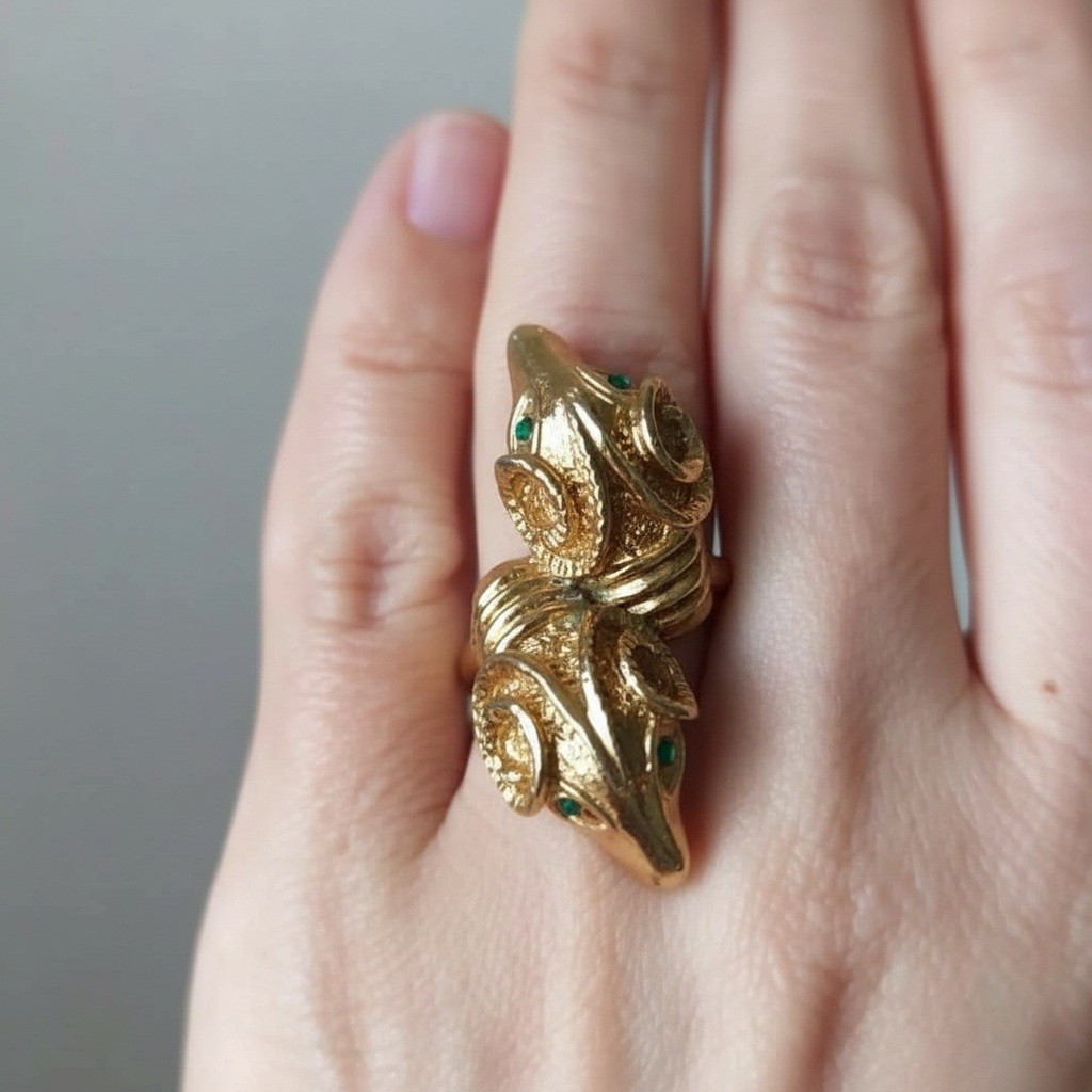 Vintage 1960s Etruscan Revival Double Rams Head Bypass Ring Size 7