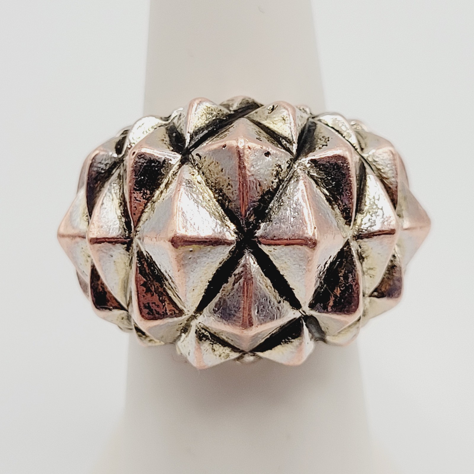 Brutalist Modernist Spike Geometric Pyramid Quilt Dome Mix Metal Tone Ring 6.5