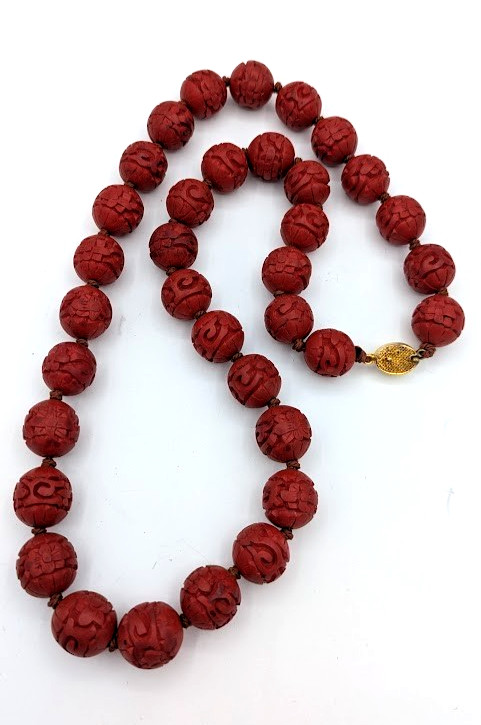 Vintage Chinese Cinnabar Bead Necklace Hand Knotted Carved Red Beads 24 In