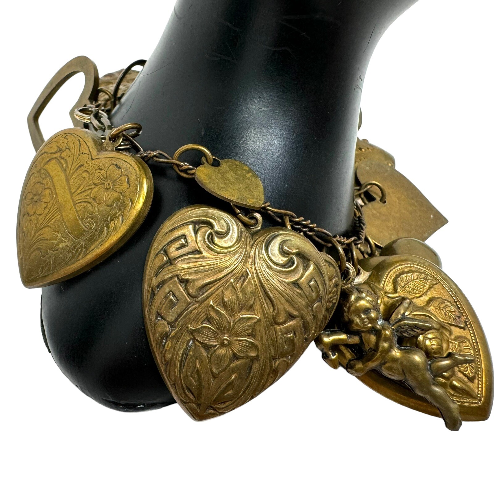 Victorian Style Bronze Color Embossed Fancy Hearts Cherub Charm Bracelet